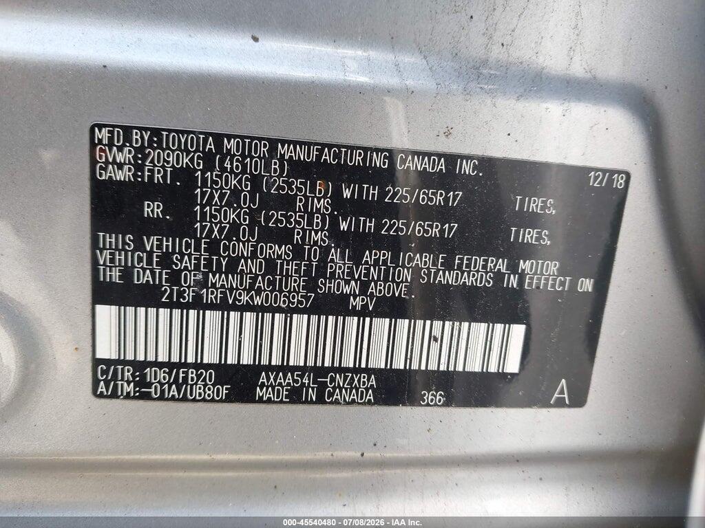 2T3F1RFV9KW006957 2019 TOYOTA RAV4 photo no. 9