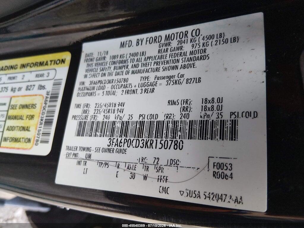 3FA6P0CD3KR150780 2019 FORD FUSION photo no. 9