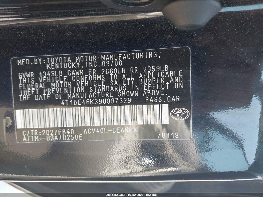 4T1BE46K39U887329 2009 TOYOTA CAMRY photo no. 9