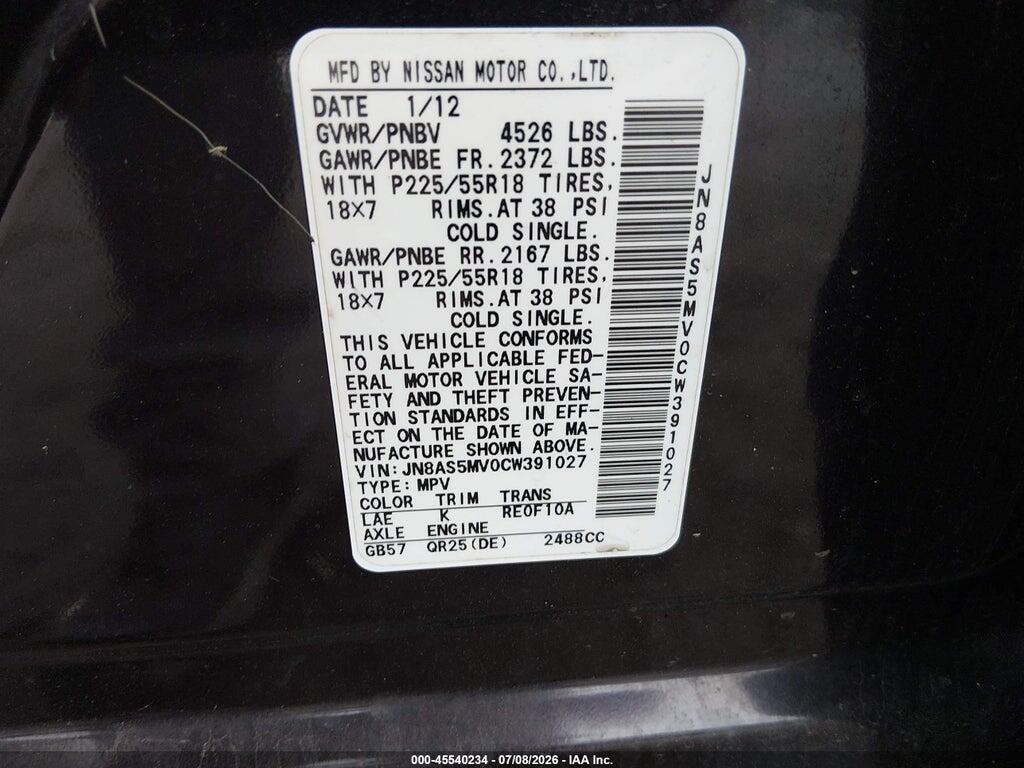 JN8AS5MV0CW391027 2012 NISSAN ROGUE photo no. 9