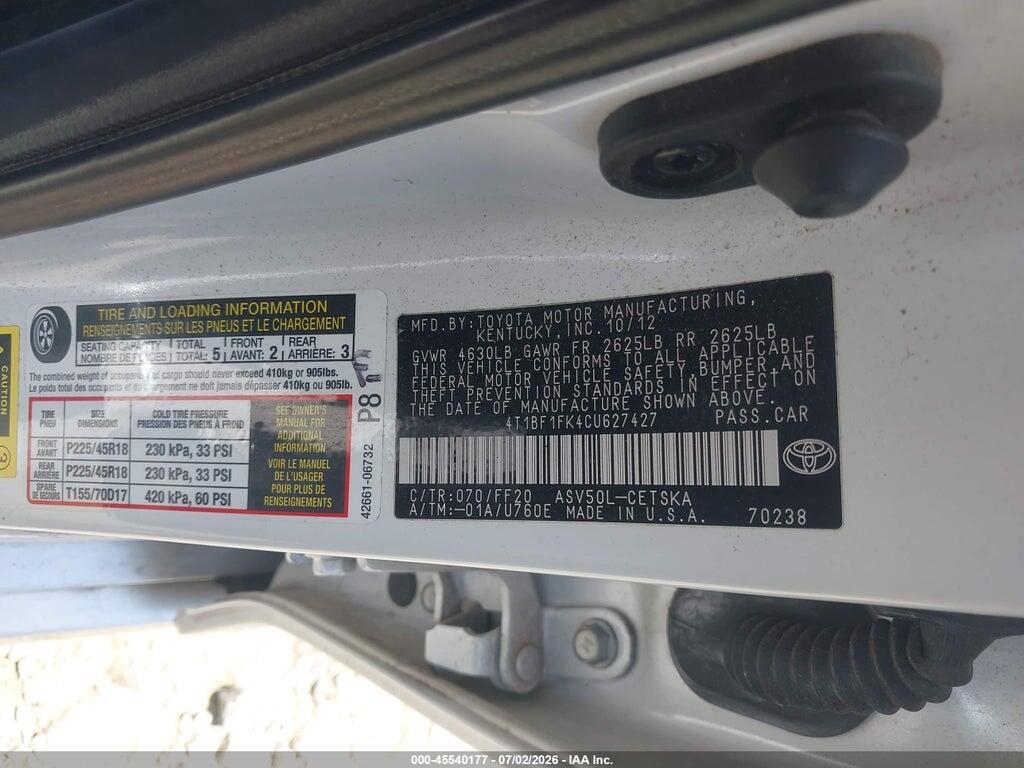 4T1BF1FK4CU627427 2012 TOYOTA CAMRY photo no. 9