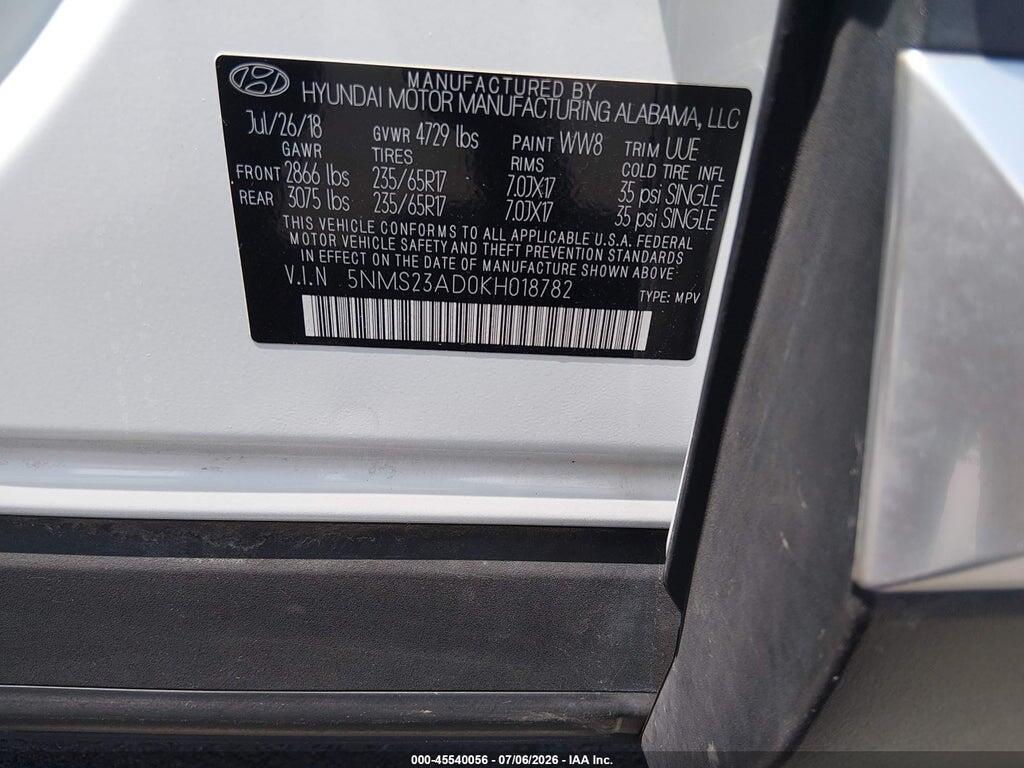 5NMS23AD0KH018782 2019 HYUNDAI SANTA FE photo no. 9