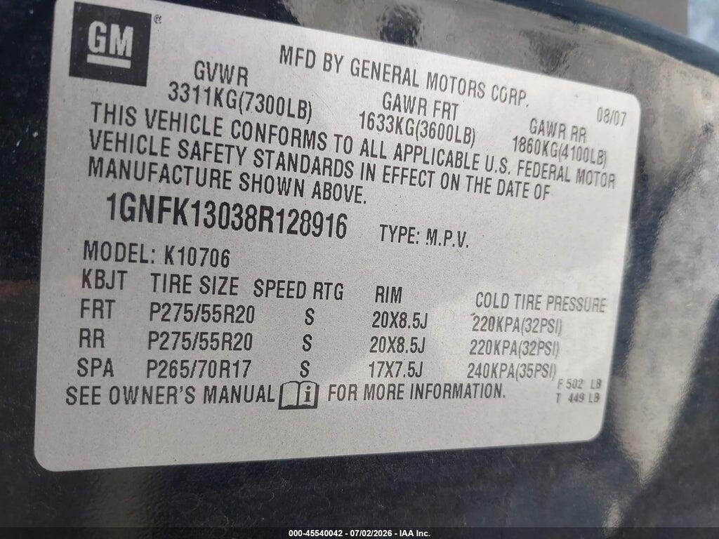 1GNFK13038R128916 2008 CHEVROLET TAHOE photo no. 9