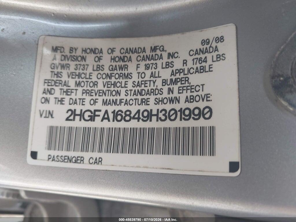 2HGFA16849H301990 2009 HONDA CIVIC photo no. 9