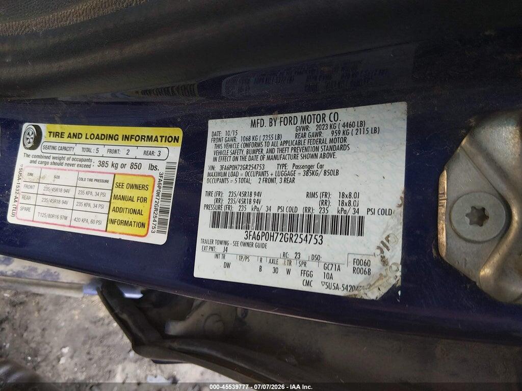 3FA6P0H72GR254753 2016 FORD FUSION photo no. 9