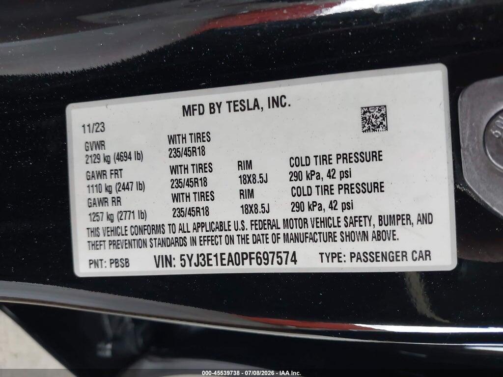5YJ3E1EA0PF697574 2023 TESLA MODEL 3 photo no. 9
