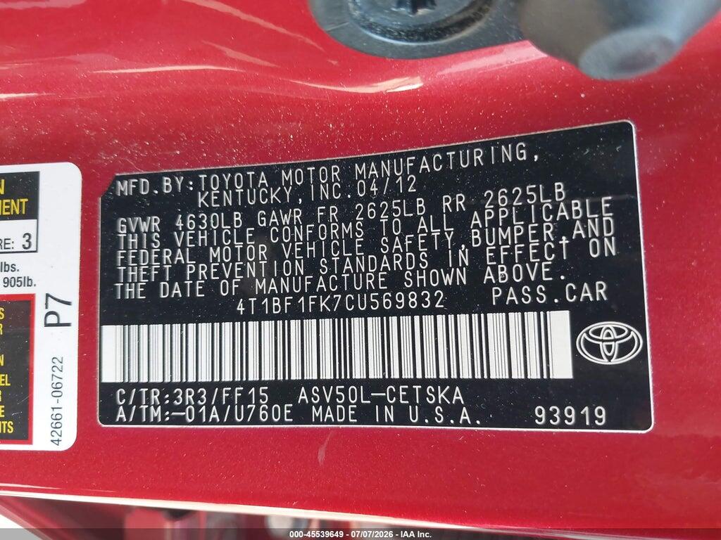 4T1BF1FK7CU569832 2012 TOYOTA CAMRY photo no. 9
