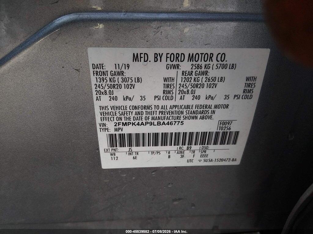 2FMPK4AP9LBA46775 2020 FORD EDGE photo no. 9