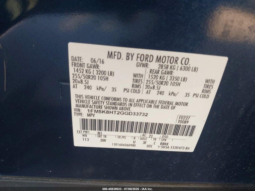 1FM5K8HT2GGD33732 2016 FORD EXPLORER photo no. 9