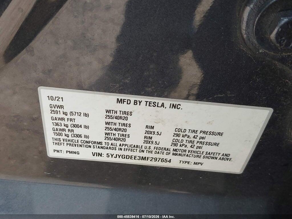 5YJYGDEE3MF297654 2021 TESLA MODEL Y photo no. 9