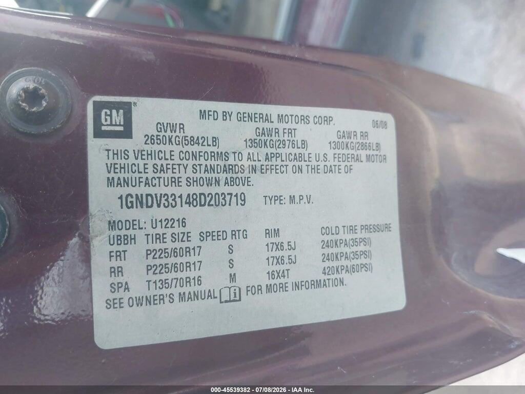 1GNDV33148D203719 2008 CHEVROLET UPLANDER photo no. 9