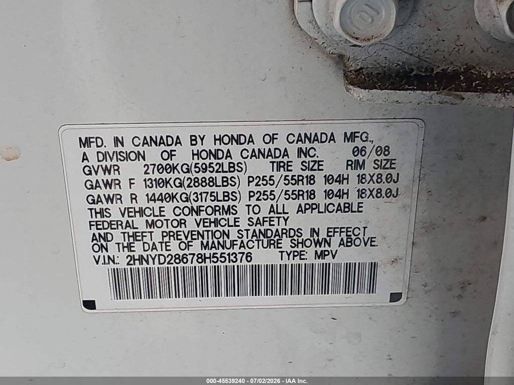 2HNYD28678H551376 2008 ACURA MDX photo no. 9