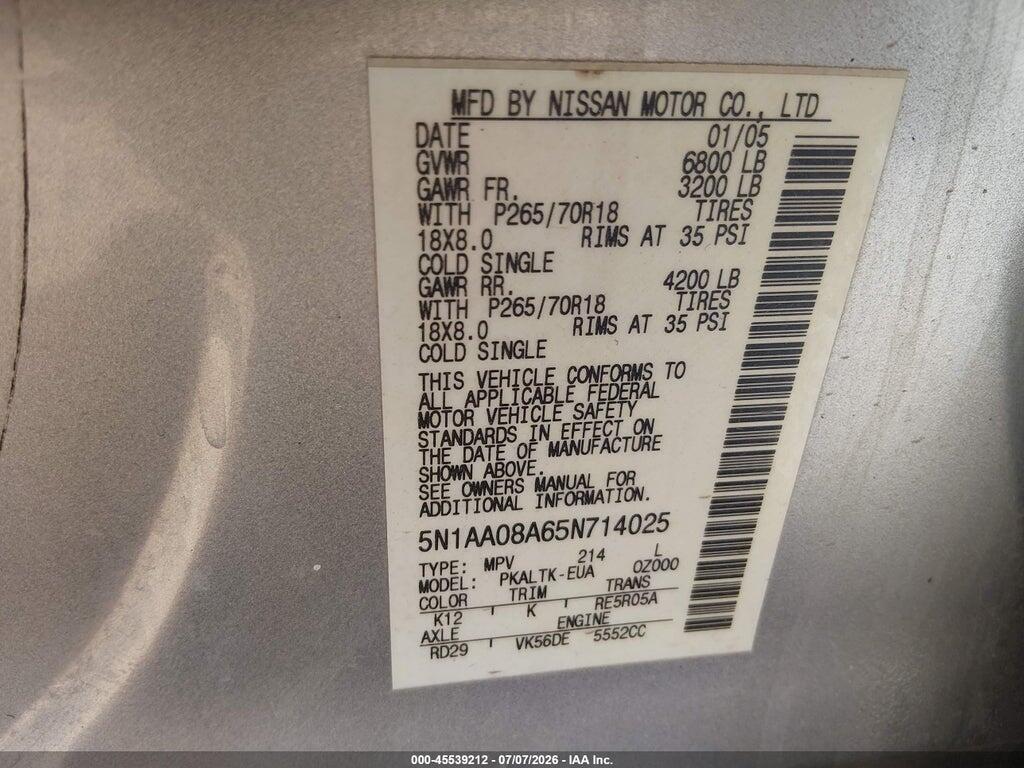 5N1AA08A65N714025 2005 NISSAN ARMADA photo no. 9