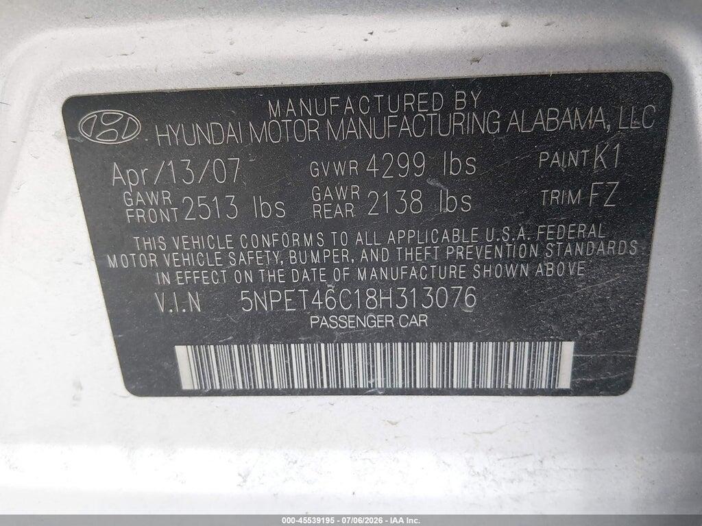 5NPET46C18H313076 2008 HYUNDAI SONATA photo no. 9