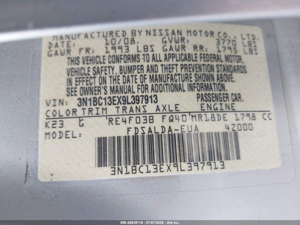 3N1BC13EX9L397913 2009 NISSAN VERSA photo no. 9