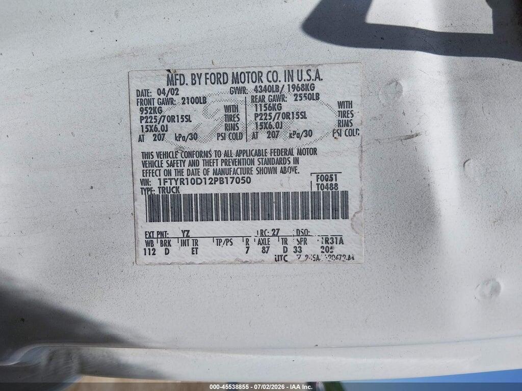 1FTYR10D12PB17050 2002 FORD RANGER photo no. 9
