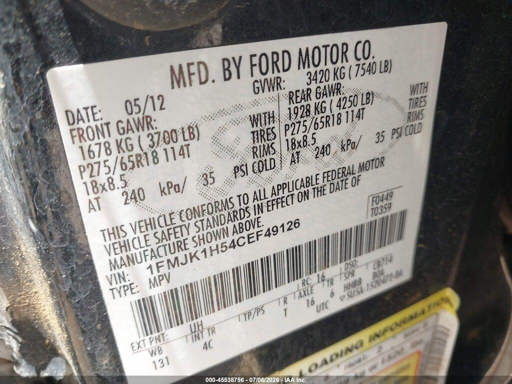 1FMJK1H54CEF49126 2012 FORD EXPEDITION EL photo no. 9