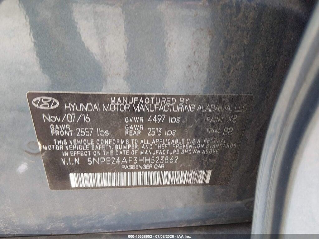 5NPE24AF3HH523862 2017 HYUNDAI SONATA photo no. 9