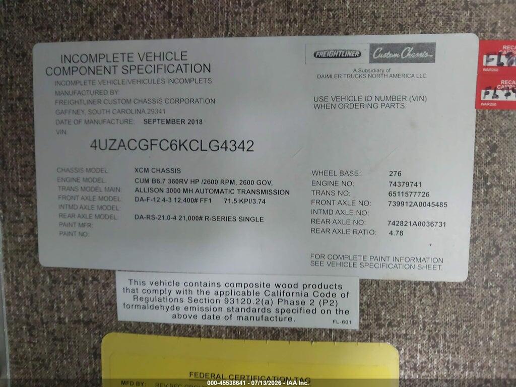 4UZACGFC6KCLG4342 2019 FREIGHTLINER CHASSIS photo no. 9