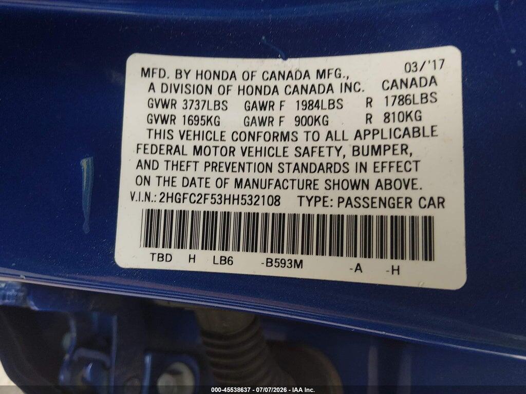 2HGFC2F53HH532108 2017 HONDA CIVIC photo no. 9