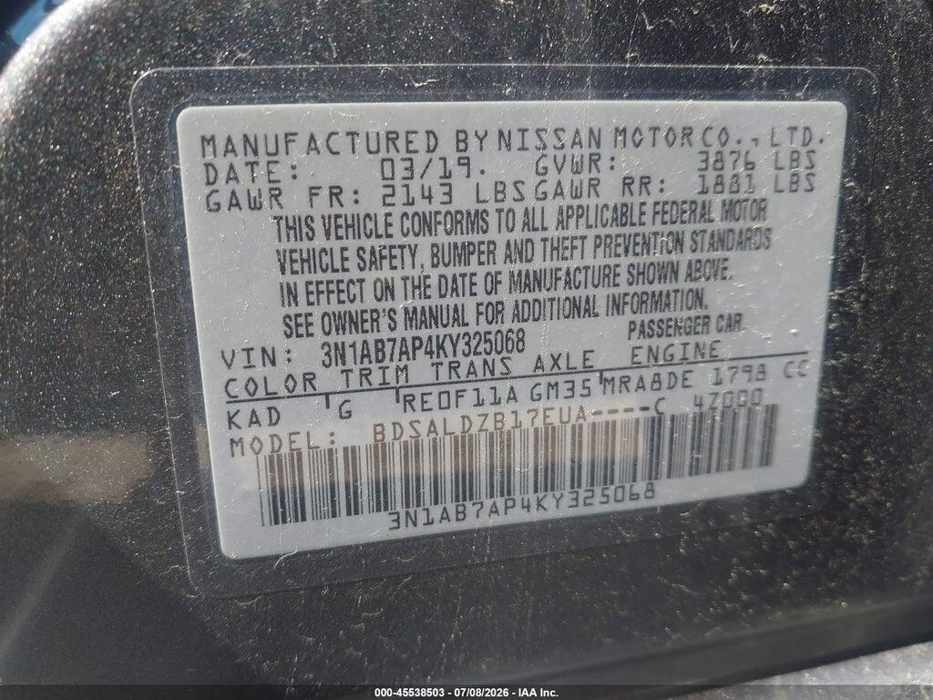 3N1AB7AP4KY325068 2019 NISSAN SENTRA photo no. 9