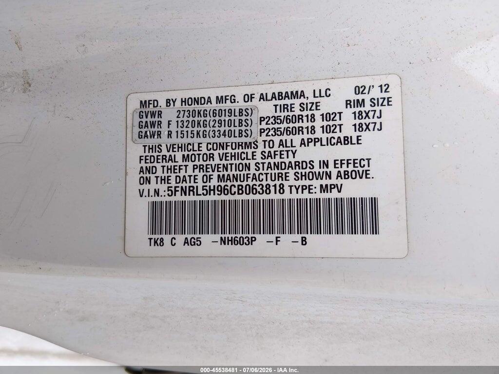 5FNRL5H96CB063818 2012 HONDA ODYSSEY photo no. 9
