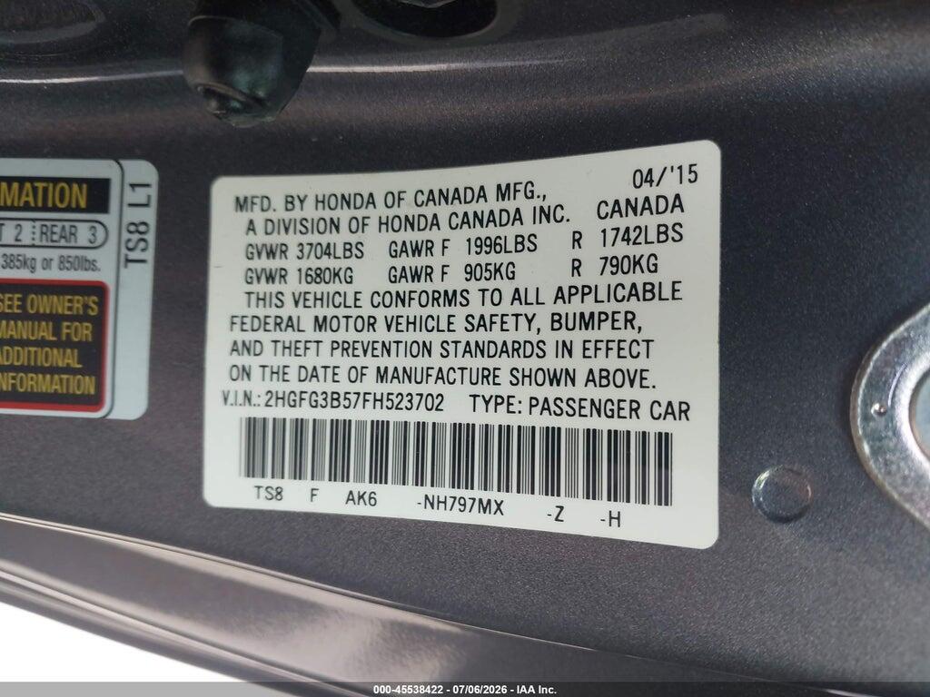 2HGFG3B57FH523702 2015 HONDA CIVIC photo no. 9