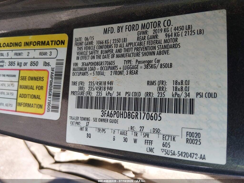 3FA6P0HD8GR170605 2016 FORD FUSION photo no. 9