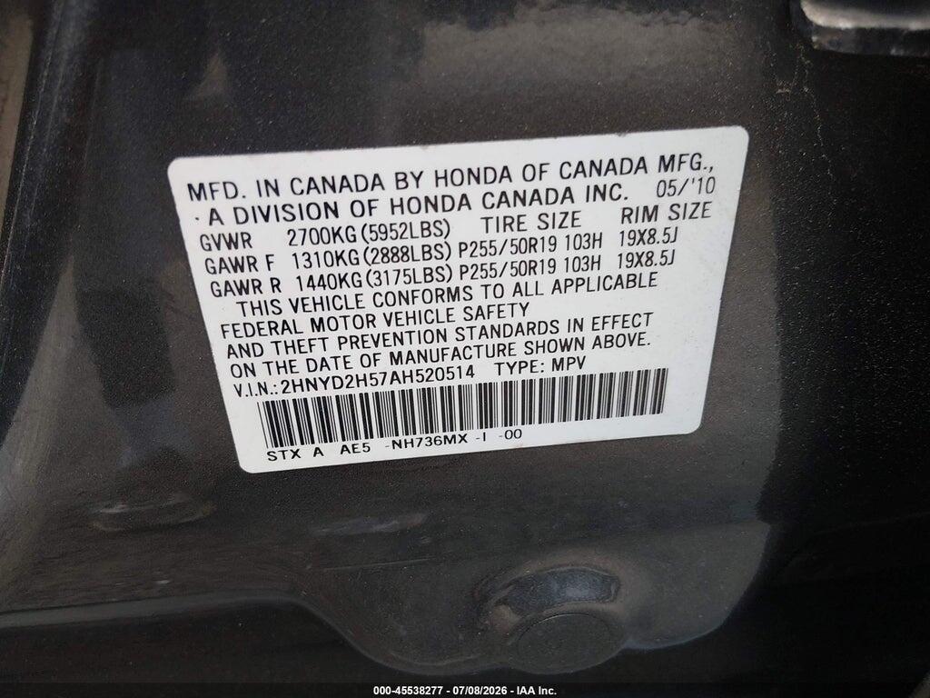 2HNYD2H57AH520514 2010 ACURA MDX photo no. 9