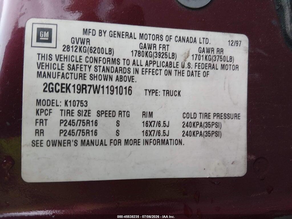 2GCEK19R7W1191016 1998 CHEVROLET C/K 1500 photo no. 9