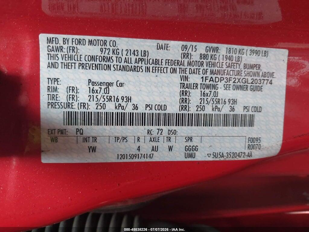 1FADP3F2XGL203774 2016 FORD FOCUS photo no. 9