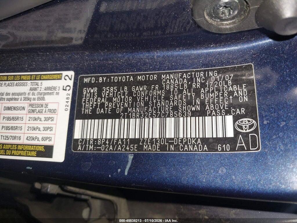 2T1BR32E57C785639 2007 TOYOTA COROLLA photo no. 9