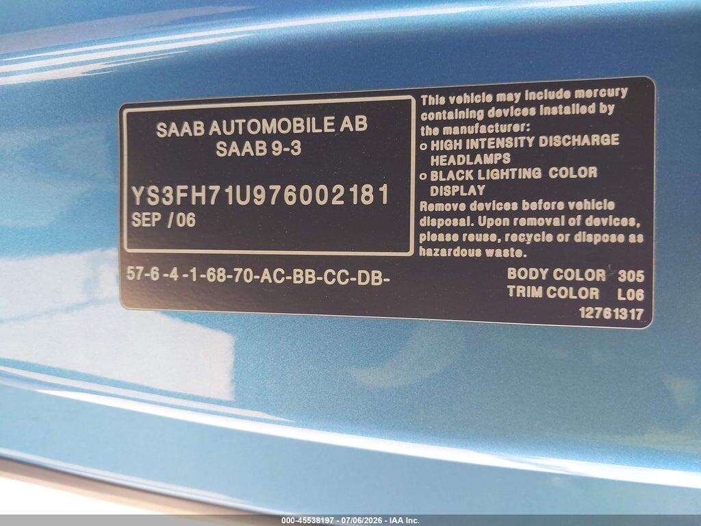 YS3FH71U976002181 2007 SAAB 9-3 photo no. 9