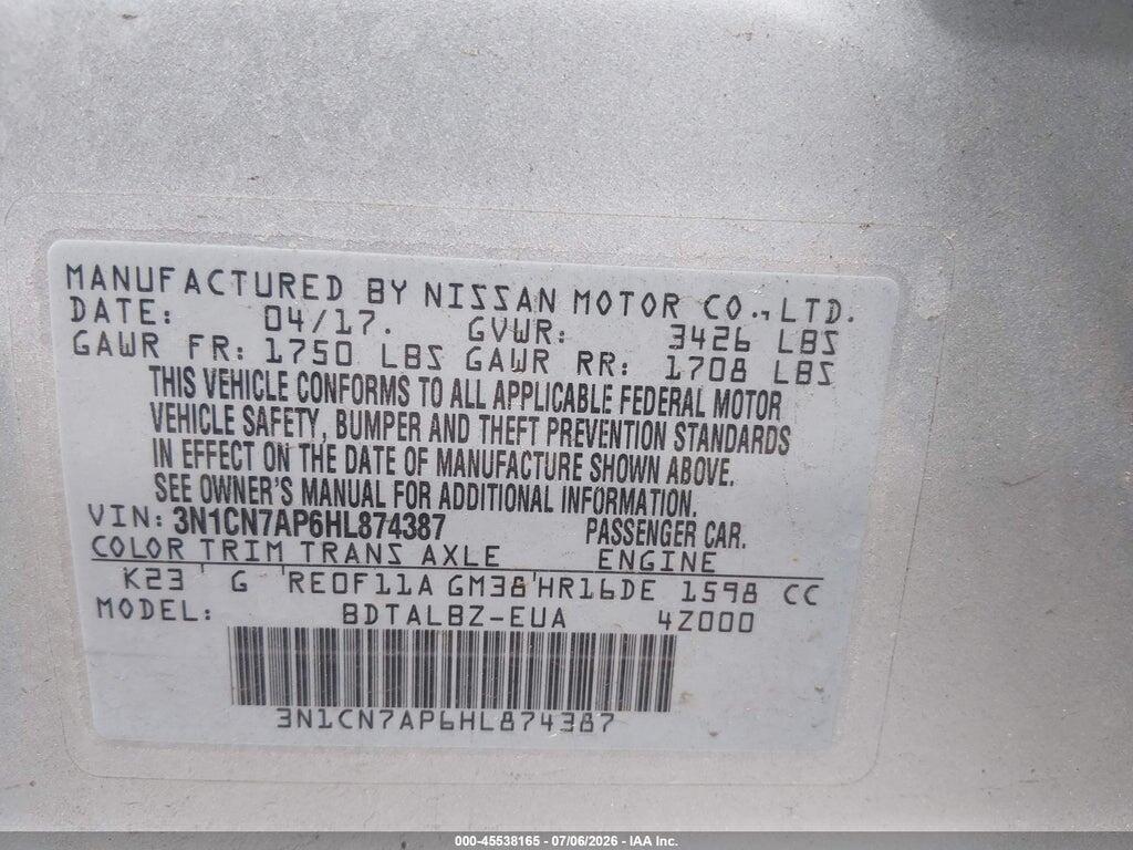 3N1CN7AP6HL874387 2017 NISSAN VERSA photo no. 9