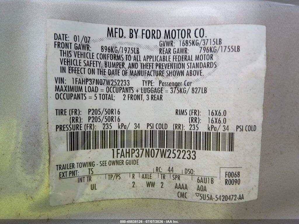 1FAHP37N07W252233 2007 FORD FOCUS photo no. 9