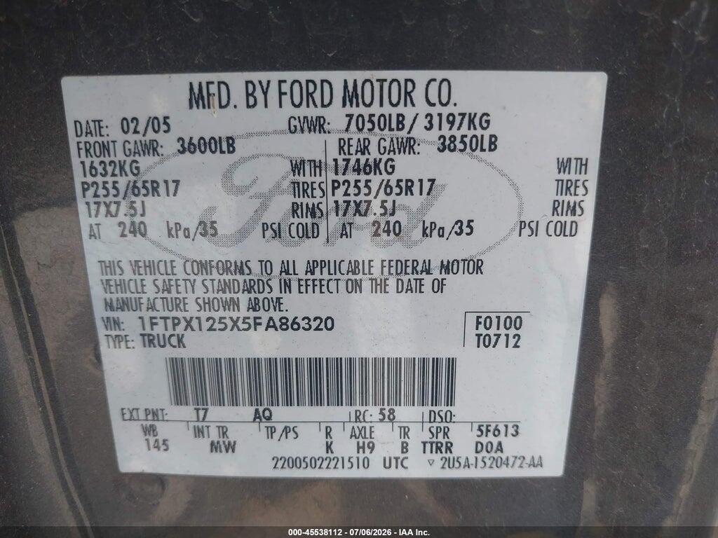 1FTPX125X5FA86320 2005 FORD F-150 photo no. 9