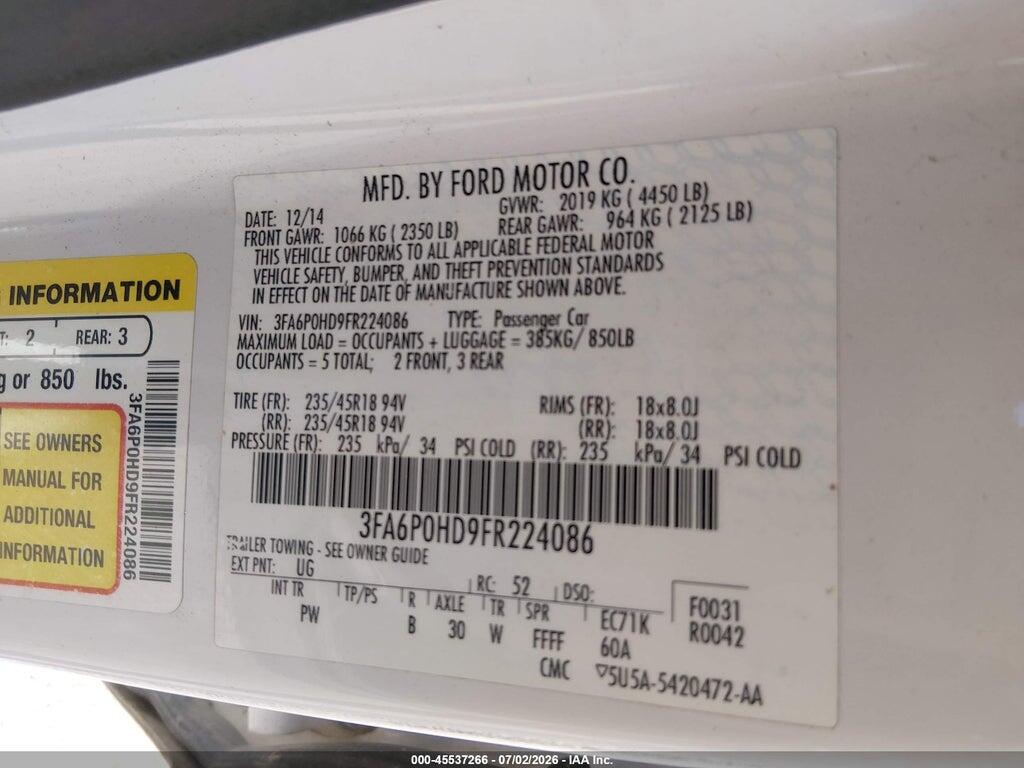 3FA6P0HD9FR224086 2015 FORD FUSION photo no. 9