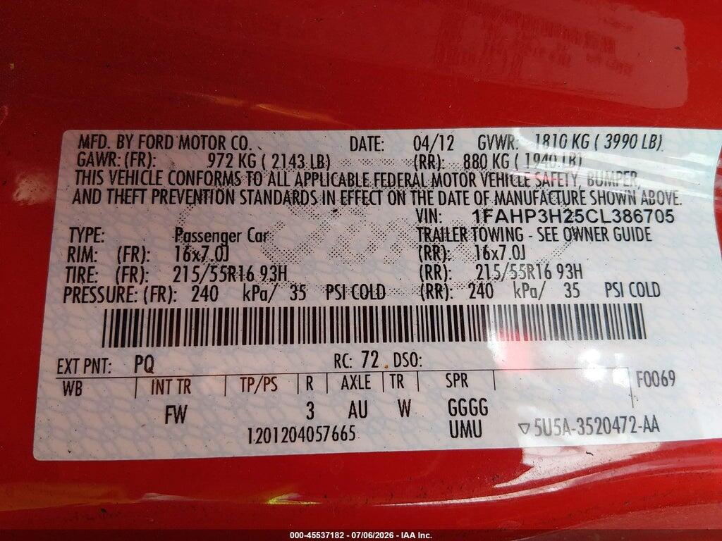 1FAHP3H25CL386705 2012 FORD FOCUS photo no. 9