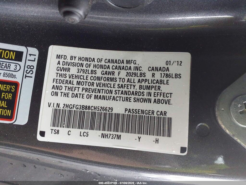 2HGFG3B88CH526629 2012 HONDA CIVIC photo no. 9