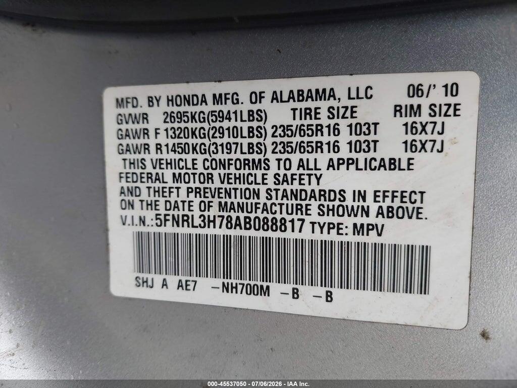 5FNRL3H78AB088817 2010 HONDA ODYSSEY photo no. 9