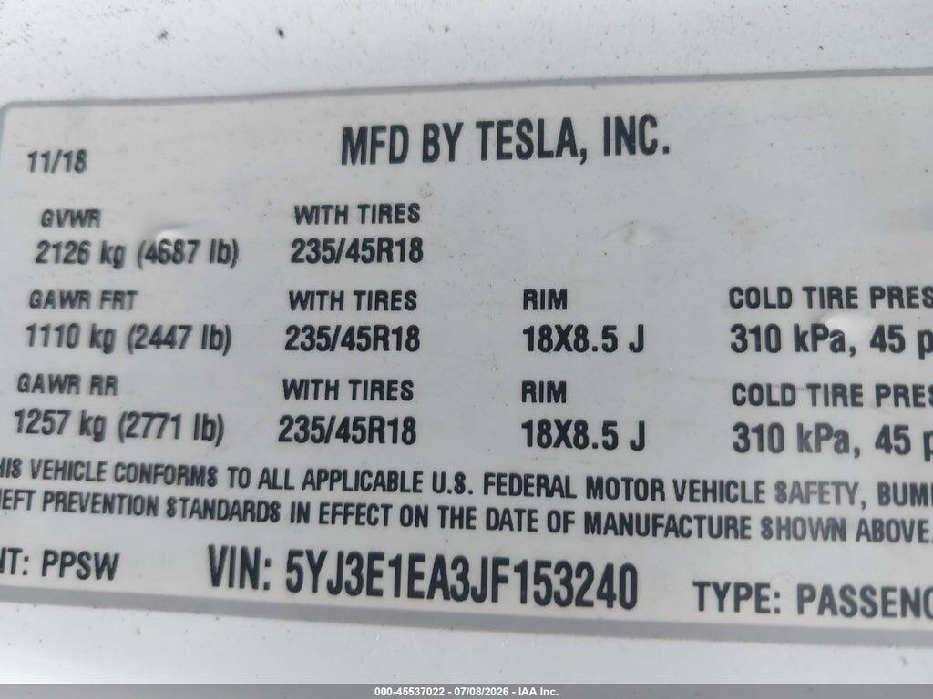5YJ3E1EA3JF153240 2018 TESLA MODEL 3 photo no. 9