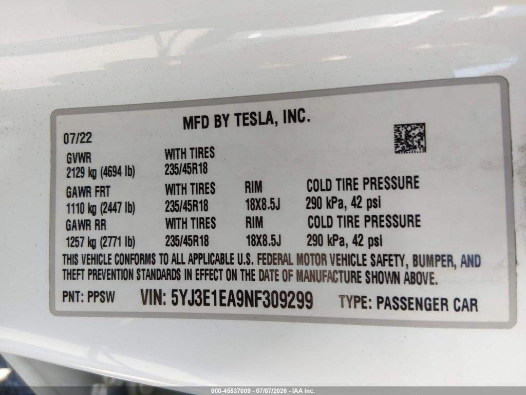 5YJ3E1EA9NF309299 2022 TESLA MODEL 3 photo no. 9