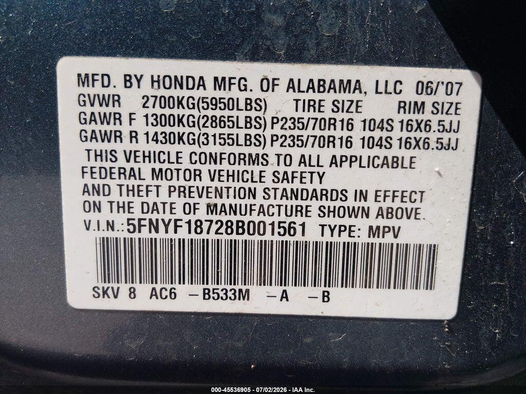 5FNYF18728B001561 2008 HONDA PILOT photo no. 9