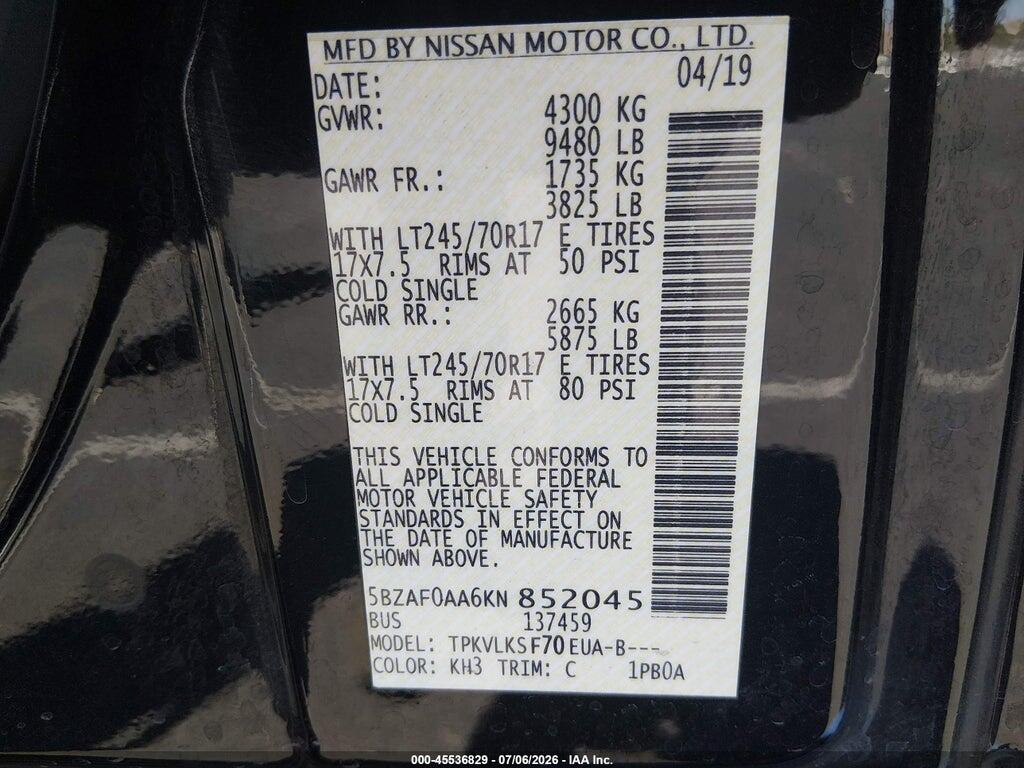 5BZAF0AA6KN852045 2019 NISSAN NV PASSENGER NV3500 HD photo no. 9
