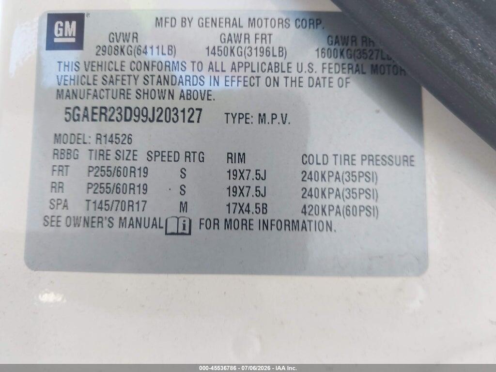 5GAER23D99J203127 2009 BUICK ENCLAVE photo no. 9