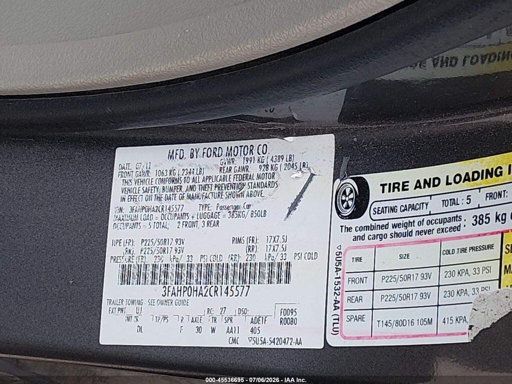 3FAHP0HA2CR145577 2012 FORD FUSION photo no. 9