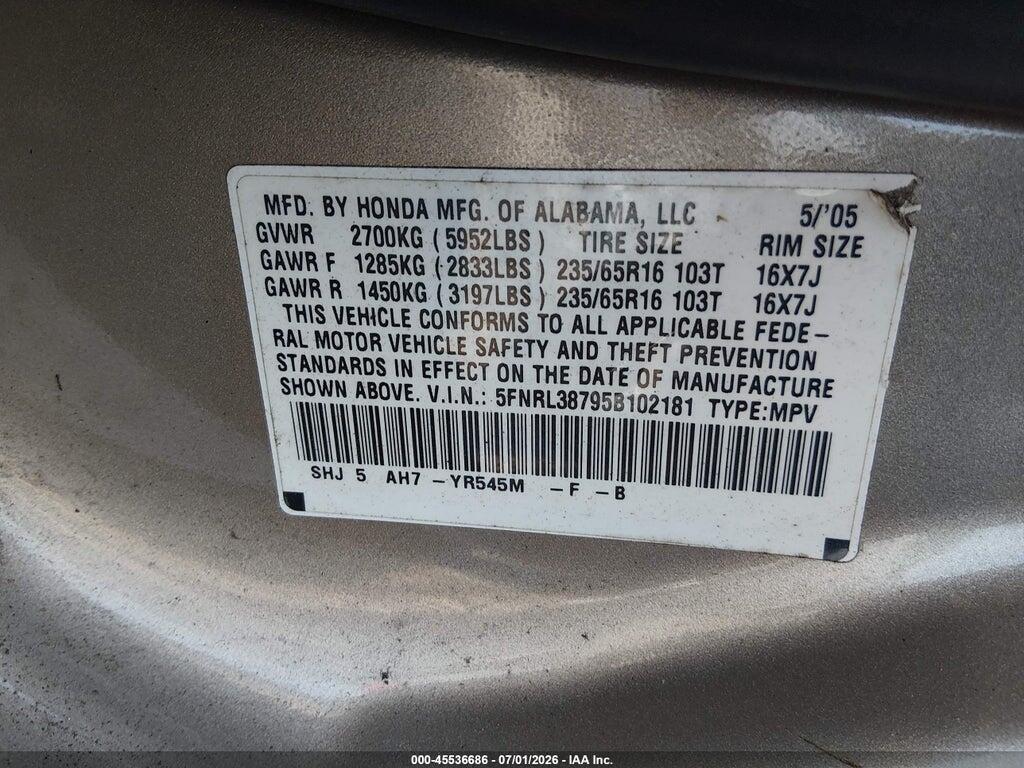 5FNRL38795B102181 2005 HONDA ODYSSEY photo no. 9
