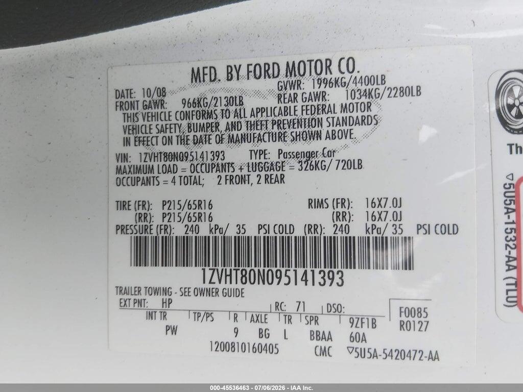 1ZVHT80N095141393 2009 FORD MUSTANG photo no. 9