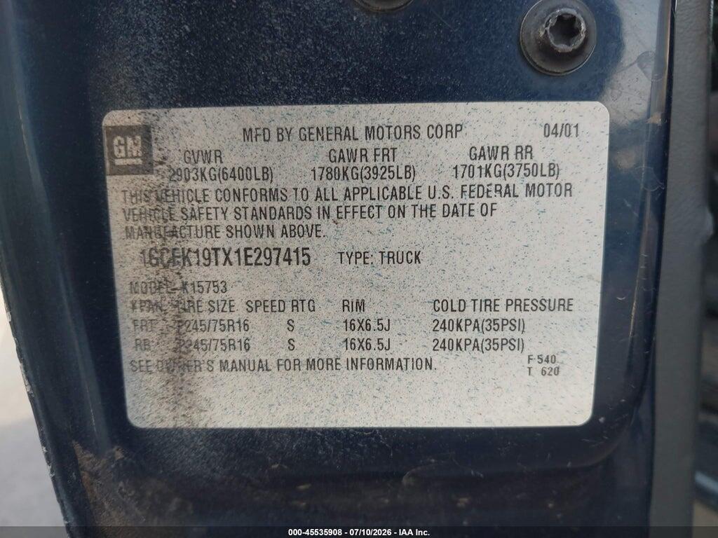 1GCEK19TX1E297415 2001 CHEVROLET SILVERADO 1500 photo no. 9