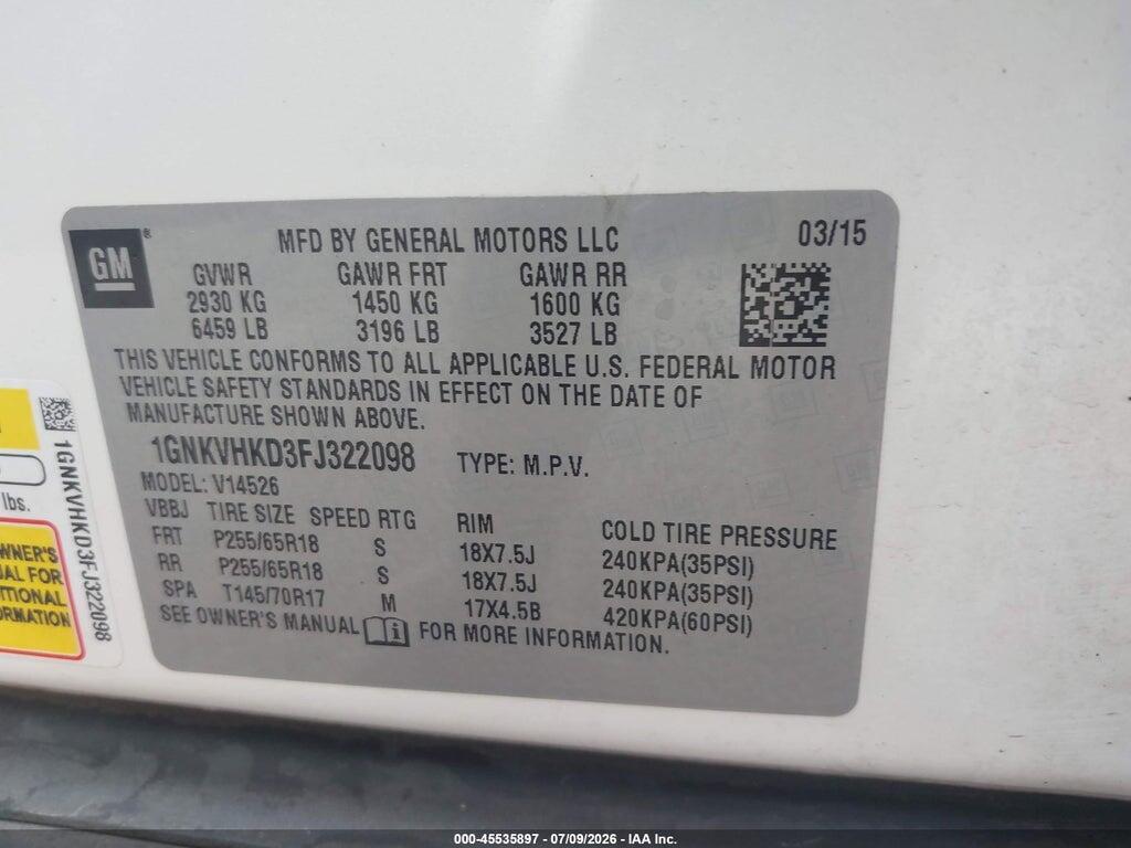 1GNKVHKD3FJ322098 2015 CHEVROLET TRAVERSE photo no. 9
